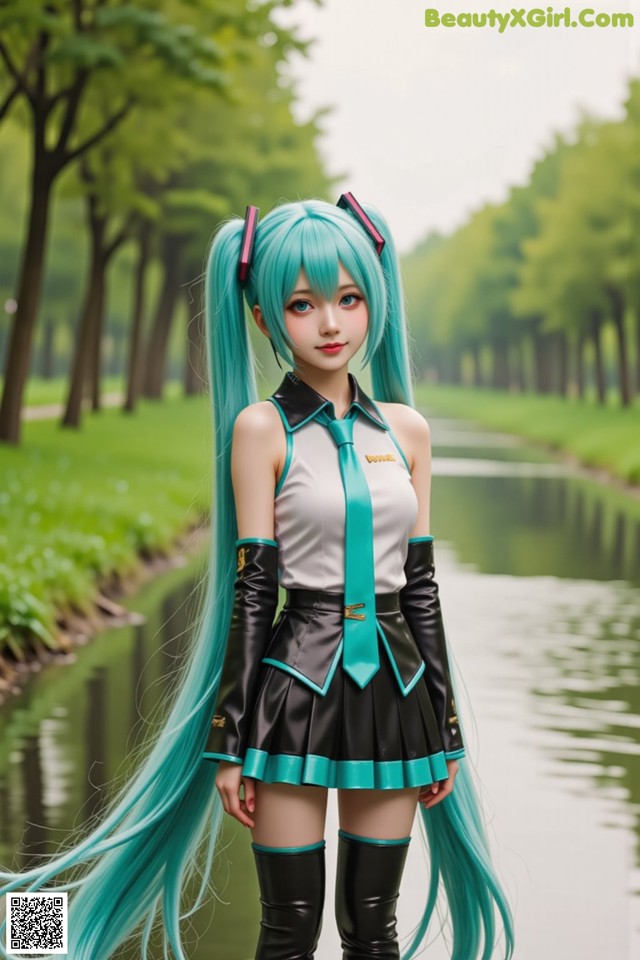 A woman with long blue hair standing next to a body of water.