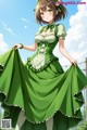 A woman in a green dress is standing on a fence.