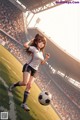 A girl kicking a soccer ball on a soccer field.