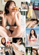 A collage of photos of a woman in a bikini eating a donut.