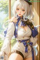 Anime girl with long white hair wearing a blue and white outfit.