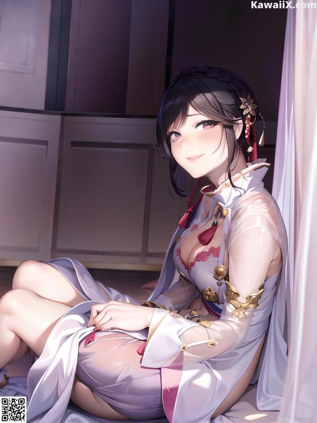 A woman in a white dress sitting on a bed.