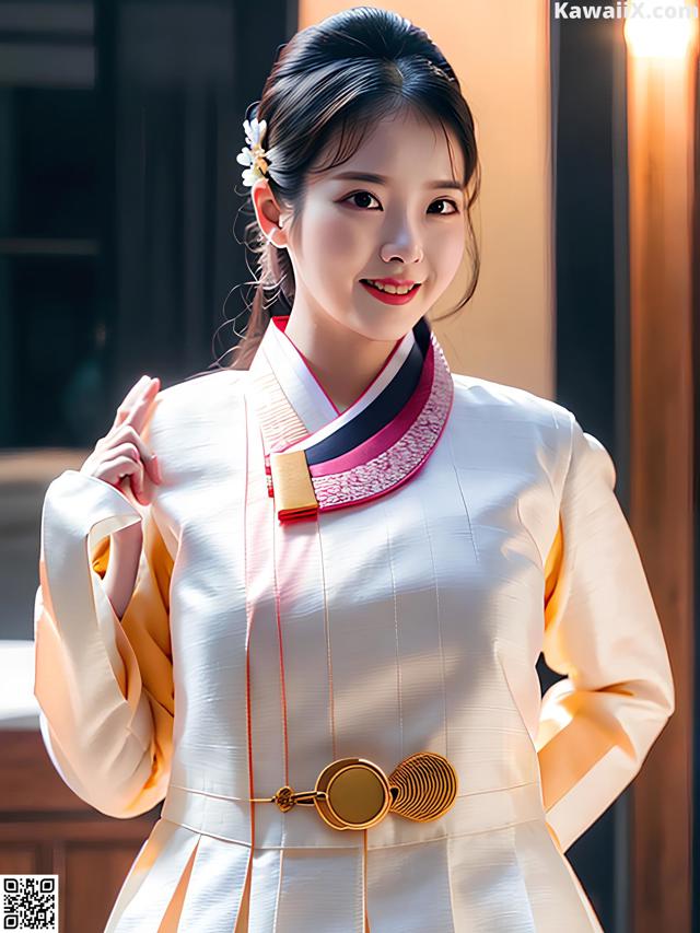 A woman in a white and yellow dress posing for a picture.