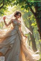 A woman in a wedding dress standing in the woods.