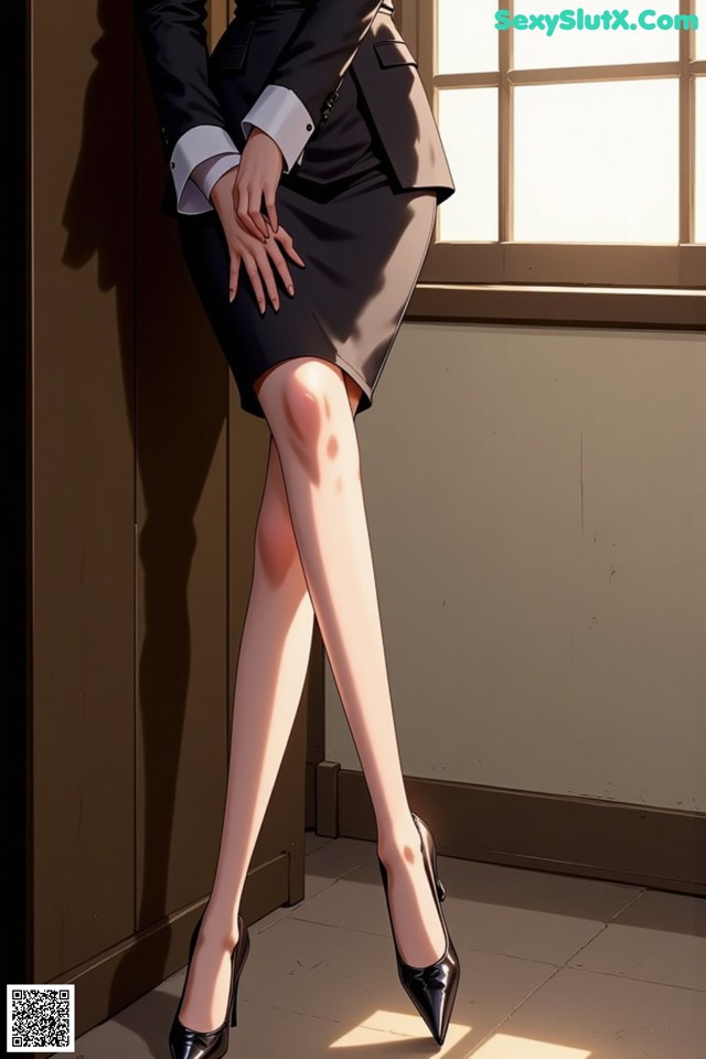 A woman in a business suit leaning against a wall.