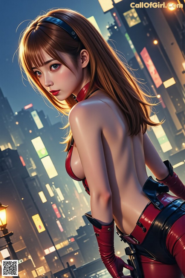 A woman in a red and black outfit standing in the middle of a city.