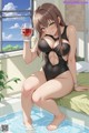 A woman in a black bathing suit holding a glass of wine.