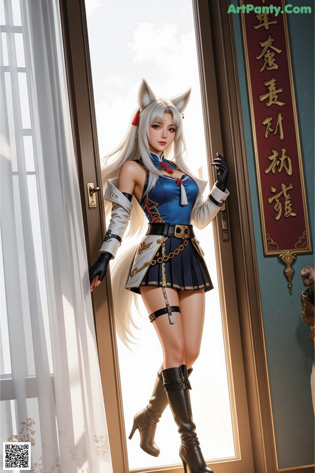 A woman in a cat costume standing in front of a window.